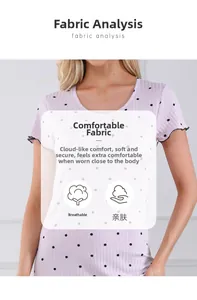 Détail de chemise de nuit parme à pois avec bordure à volants noirs sur les manches