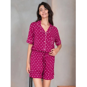 Women's burgundy modal heart print pajama set with button-up shirt and ruffled shorts