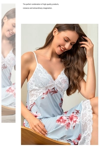 Detail of floral ice silk sleepwear with white lace patchwork and fine shoulder straps