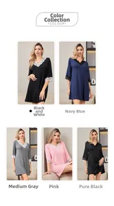 Lace trim V-neck modal nightgown collection in black, navy, grey, pink, and pure black
