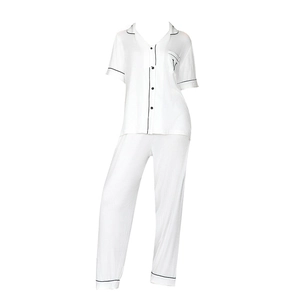 Women's modal striped pajama set featuring short sleeve button down top and long pants