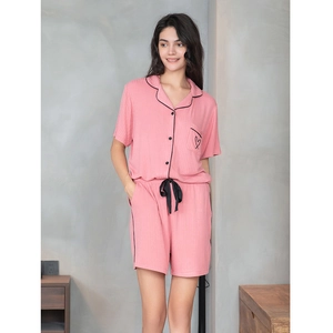Women Casual Modal Cotton Pajama Set Short Sleeve Ribbed Striped Sleepwear Shirt And Shorts With Heart Embroidery Pocket