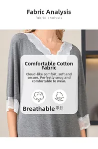 Detailed view of grey modal cotton sleepwear featuring delicate white lace V-neck trim