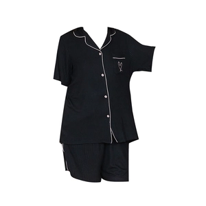Women's black short-sleeved pajamas set with heart embroidery and contrast piping