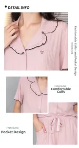 Pyjama en modal rose avec revers à volants, broderie cœur et détails passepoilés noirs