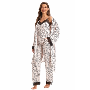Women Floral Print Pajama Top And Bottom Satin Sleepwear Lace Trim Robe Camisole And Pants Lounge Wear Elegant Soft Breathable