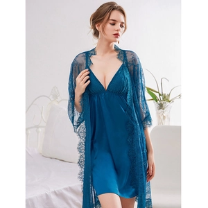 Set Camicia da Notte Sexy in Pizzo da Donna Sottoveste in Seta Satinata e Vestaglia Trasparente a Maniche Lunghe Elegante Scollo a V Top And Bottom