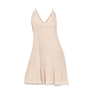 Nuisette en modal beige avec col en V en dentelle et ourlet à volants délicats