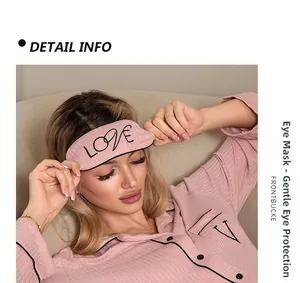 Masque de sommeil en modal à rayures roses avec broderie LOVE et bordure noire