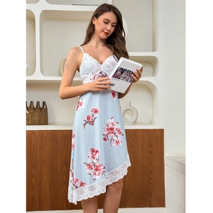 Light blue floral silk slip dress with lace trim and elegant V-neck design