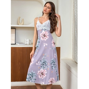 Women ice silk floral nightgown with lace V-neck and delicate purple flower print
