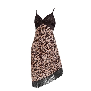 Sexy leopard print nightdress with black lace V-neck and asymmetrical hemline dress