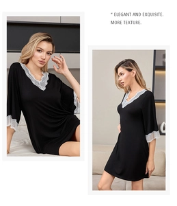 Detail of V-neck nightdress with white lace trim on sleeves and black modal cotton fabric