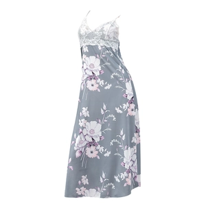 Elegant grey ice silk floral nightgown with white lace V-neck and long silhouette