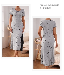 Détail d'une chemise de nuit grise avec motif cœur, fente latérale et dentelle
