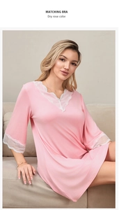 Lace-trimmed V-neck modal cotton nightdress in dry rose color showing sleeve detail