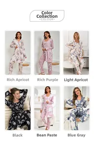 Three-piece women's floral pajamas set showing six color options in a grid layout