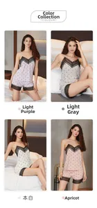 Aperçu détaillé des ensembles de pyjamas à pois en violet clair, gris, blanc et abricot