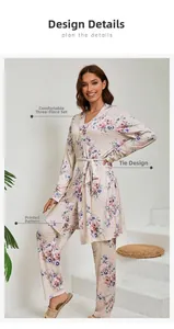 Three-piece pajama set featuring a tie-waist robe and floral print in a soft cream fabric