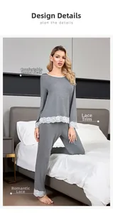 Close-up of lace patchwork detail on the cuffs of a grey modal cotton loungewear set