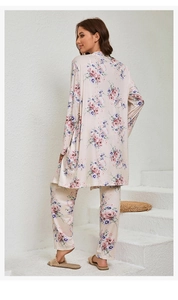 Detailed texture of women floral cotton loungewear set with soft cardigan and trousers