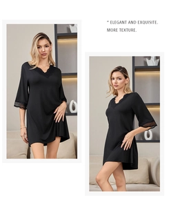 Detailed views of a black V-neck modal nightdress with delicate lace trim on sleeves