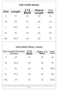 Size guide for women's 3-piece cotton sleepwear set including robe, top and long pants