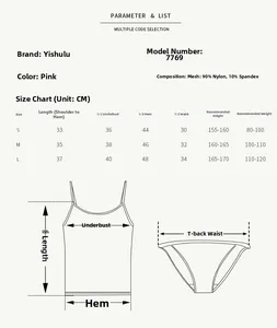 Tabella taglie dettagliata per set lingerie in pizzo con misure di lunghezza e busto