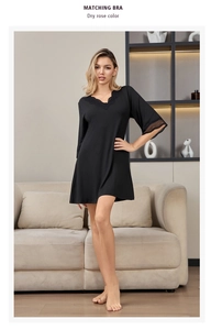 Detail of elegant black lace trim on a modal cotton V-neck sleepwear nightgown for women