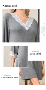 Detailed views of modal nightgown showing lace V-neckline, cuffs, and hem craftsmanship