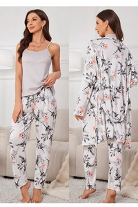 Three-piece women's cotton sleepwear set with floral print robe, camisole, and long pants