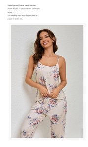 Detailed view of silky satin pajama set featuring delicate pink floral patterns on camisole