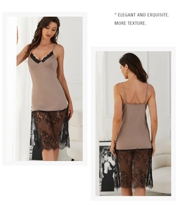 Détail de nuisette élégante en satin avec dentelle au col V et à l'ourlet ajouré