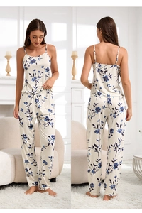 Detail of floral printed women's two-piece knit pajama set with camisole and pants
