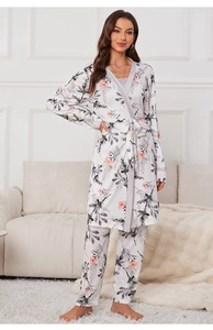 Detailed view of women's floral pajamas set featuring a soft robe and matching trousers