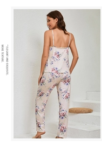 Rear view of floral print pajamas set featuring a camisole top and matching trousers