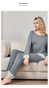Close-up of lace-trimmed hems on a grey modal cotton loungewear set for women