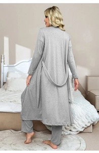 Detail view of long-sleeved gray knitted cotton lounge set with belted robe and pants