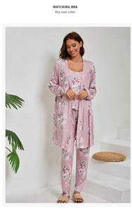 Detail of dry rose floral print on a cotton three-piece pajamas set for women