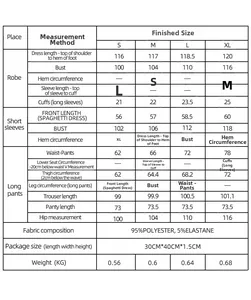 Detailed size chart for cotton knit three-piece loungewear set including robe and pants