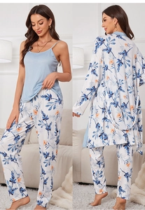 Three-piece women's floral pajamas set with blue camisole, pants, and belted robe