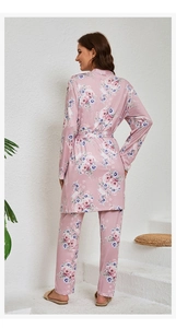 Rear view of floral pink three-piece sleepwear set showing the robe and matching trousers