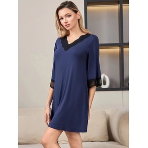 Navy blue V-neck modal sleepshirt with elegant black lace trim and elbow sleeves