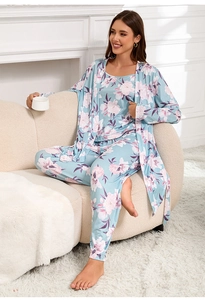 Detail view of women's three-piece floral pajamas with robe, camisole and pants