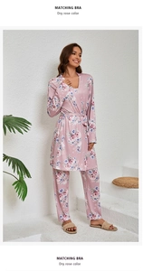 Detail view of dry rose floral print robe and pants set in soft modal fabric