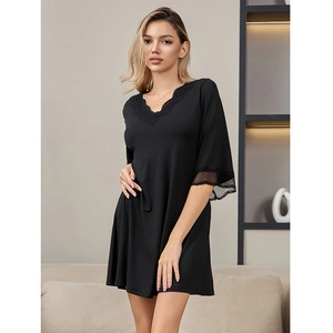 Elegant black V-neck modal sleepwear with lace patchwork and stylish short sleeves