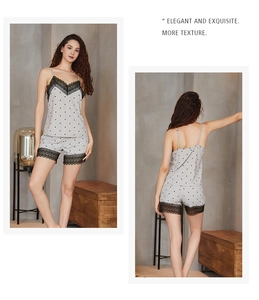Ensemble pyjama gris clair à pois avec dentelle noire élégante, haut à bretelles et short