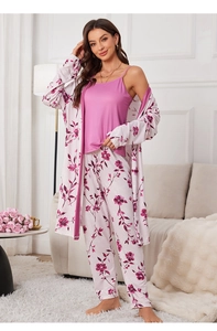 Three-piece women's knit cotton sleepwear set with floral cardigan and pink camisole