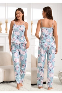 Three-piece light blue floral cotton pajama set with camisole top and matching trousers