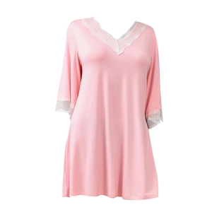 Relaxed pink V-neck modal nightdress for women with delicate white lace trim and short sleeves
